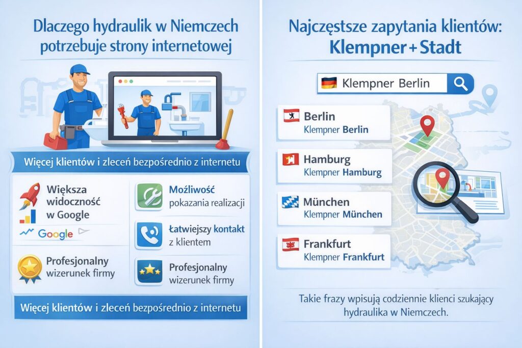 dlaczego hydraulik w Niemczech potrzebuje strony internetowej – infografika pokazująca korzyści posiadania strony dla firmy hydraulicznej: większa widoczność w Google, więcej klientów z internetu, możliwość pokazania realizacji oraz łatwiejszy kontakt z klientem