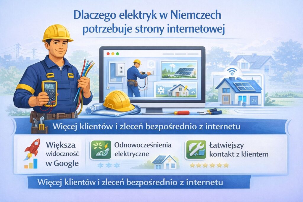 dlaczego elektryk w Niemczech potrzebuje strony internetowej – infografika pokazująca korzyści dla firmy elektrycznej: większa widoczność w Google, możliwość prezentacji usług takich jak elektroinstallation czy photovoltaik installation, łatwiejszy kontakt z klientem oraz więcej zleceń z internetu