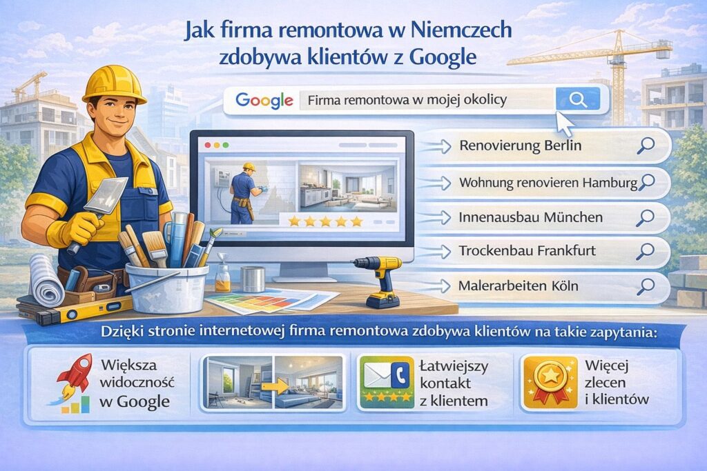 jak firma remontowa w Niemczech zdobywa klientów z Google – infografika pokazująca wyszukiwanie usług takich jak Renovierung Berlin, Innenausbau München, Trockenbau Frankfurt czy Malerarbeiten Köln oraz korzyści posiadania strony internetowej: większa widoczność w Google i więcej zleceń