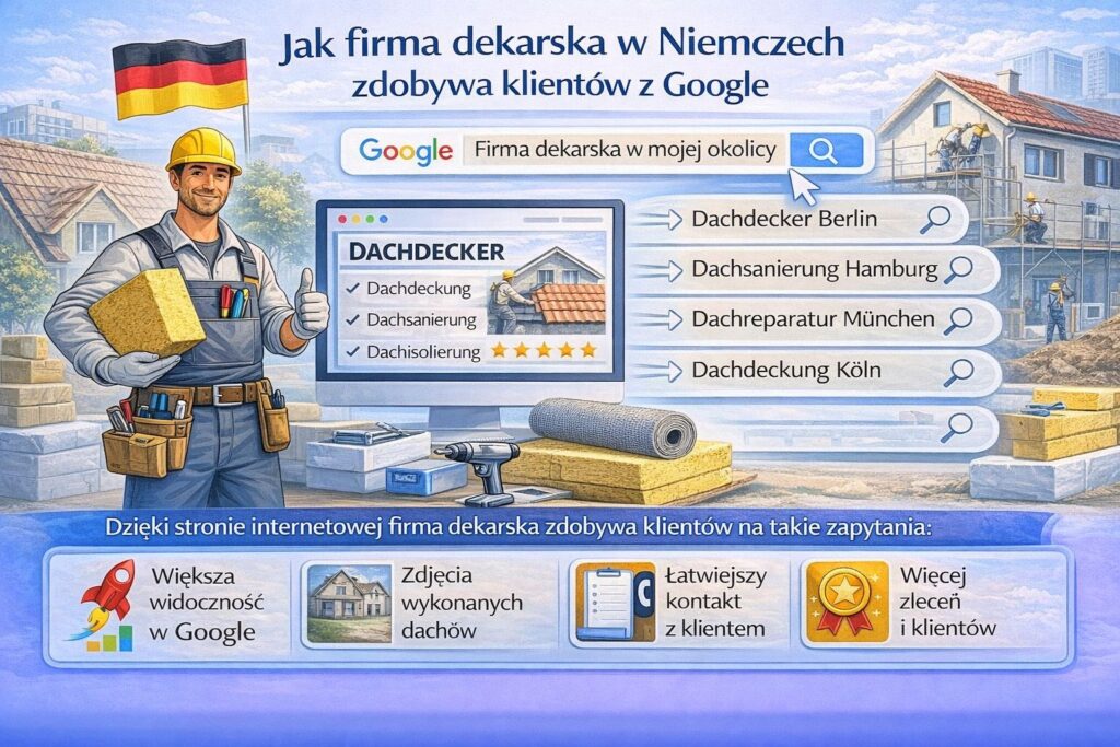 jak firma dekarska w Niemczech zdobywa klientów z Google – infografika pokazująca wyszukiwanie usług takich jak Dachdecker Berlin, Dachsanierung Hamburg, Dachreparatur München i Dachdeckung Köln oraz korzyści z posiadania strony internetowej dla firmy dachowej