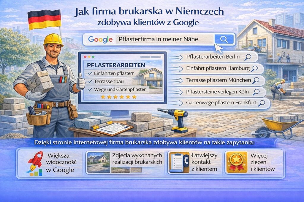 Infografika pokazująca, jak firma brukarska w Niemczech zdobywa klientów z Google. Widoczna wyszukiwarka z zapytaniem „Pflasterfirma in meiner Nähe”, przykładowe frazy lokalne jak Pflasterarbeiten Berlin i Terrasse pflastern München oraz prezentacja strony firmy oferującej usługi brukarskie.