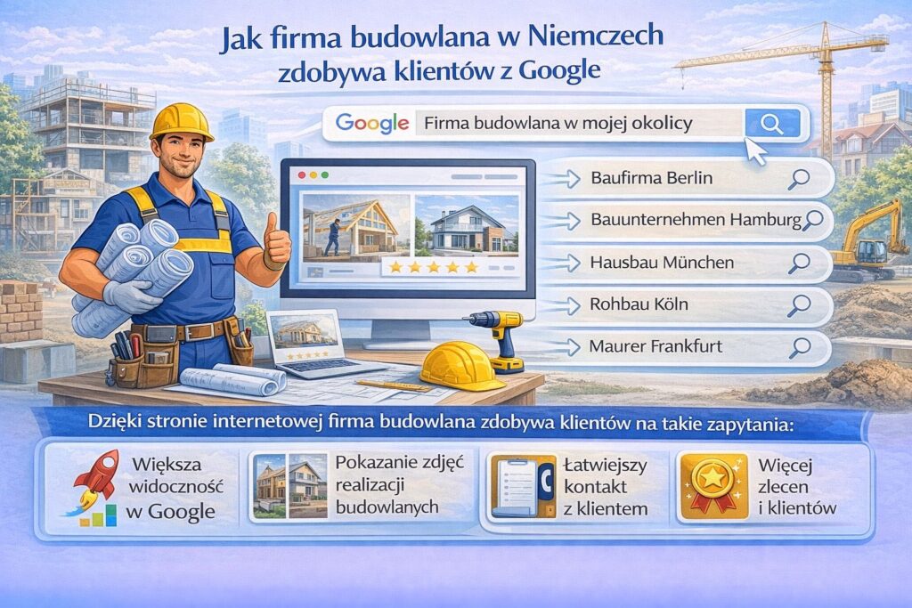 jak firma budowlana w Niemczech zdobywa klientów z Google – infografika pokazująca wyszukiwanie usług takich jak Baufirma Berlin, Bauunternehmen Hamburg, Hausbau München, Rohbau Köln czy Maurer Frankfurt oraz korzyści posiadania strony internetowej: większa widoczność w Google i więcej zleceń budowlanych