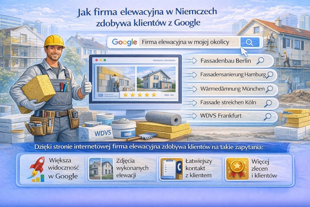 jak firma elewacyjna w Niemczech zdobywa klientów z Google – infografika pokazująca wyszukiwanie usług takich jak Fassadenbau Berlin, Fassadensanierung Hamburg, Wärmedämmung München, Fassade streichen Köln oraz WDVS Frankfurt i korzyści posiadania strony internetowej