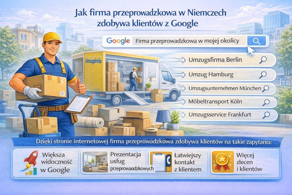 jak firma przeprowadzkowa w Niemczech zdobywa klientów z Google – infografika pokazująca wyszukiwanie usług takich jak Umzugsfirma Berlin, Umzug Hamburg, Umzugsunternehmen München czy Möbeltransport Köln oraz korzyści posiadania strony internetowej: większa widoczność w Google i więcej zleceń