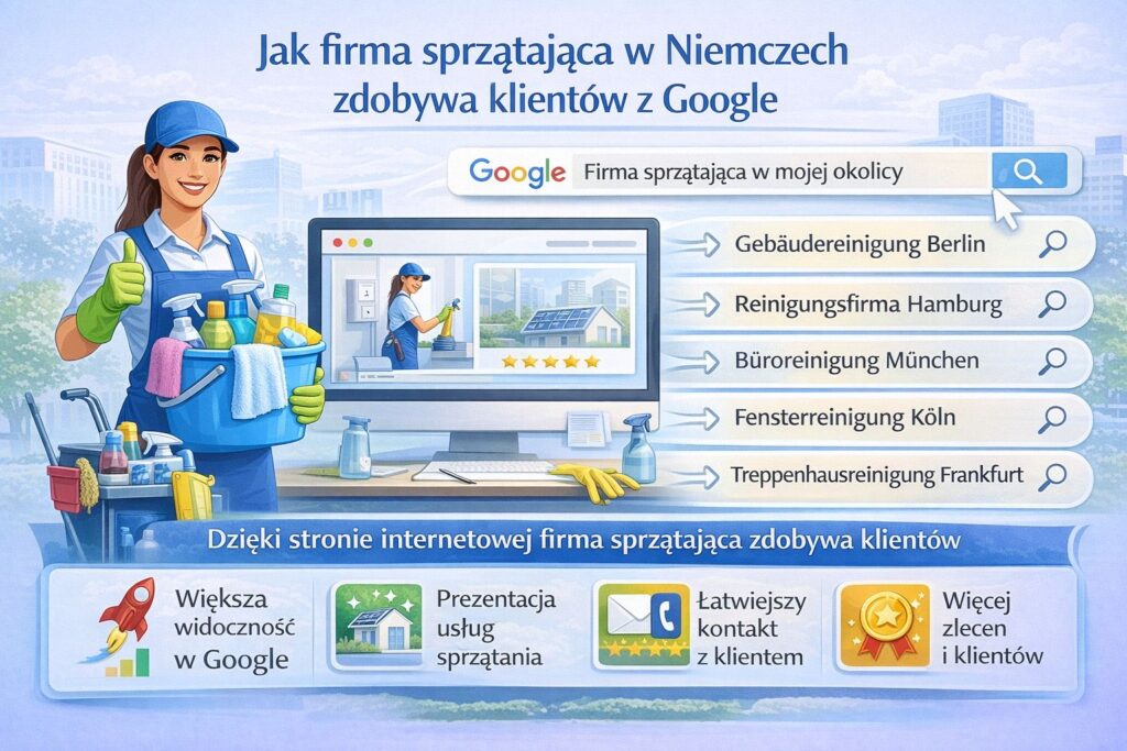 jak firma sprzątająca w Niemczech zdobywa klientów z Google – infografika pokazująca wyszukiwanie usług takich jak Gebäudereinigung Berlin, Büroreinigung München czy Fensterreinigung Köln oraz korzyści posiadania strony internetowej: większa widoczność w Google, łatwiejszy kontakt z klientem i więcej zleceń
