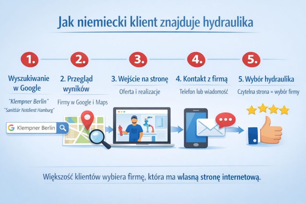 jak hydraulik w Niemczech zdobywa klientów z Google – infografika pokazująca proces wyszukiwania usług hydraulicznych przez niemieckiego klienta: wyszukiwanie fraz takich jak Klempner Berlin, przegląd wyników Google i Maps, wejście na stronę firmy, kontakt telefoniczny oraz wybór wykonawcy