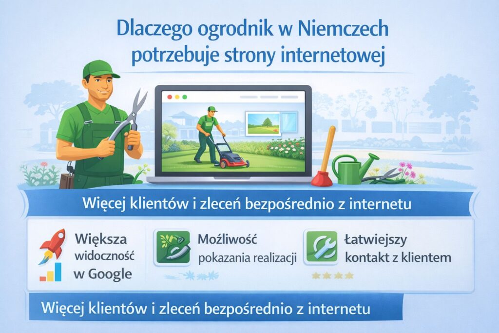 dlaczego ogrodnik w Niemczech potrzebuje strony internetowej – infografika pokazująca jak firma ogrodnicza zdobywa klientów z internetu: większa widoczność w Google, możliwość pokazania realizacji ogrodów, łatwiejszy kontakt z klientem oraz więcej zleceń dla usług takich jak Gartenpflege czy Gartenbau