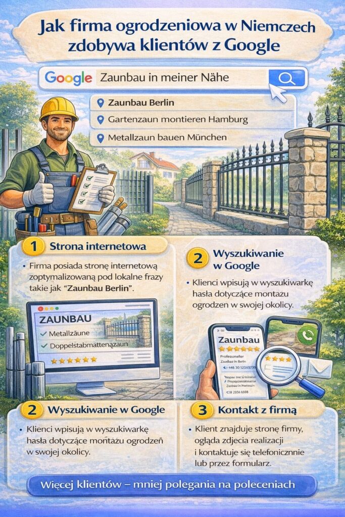 Infografika pokazująca, jak firma ogrodzeniowa w Niemczech zdobywa klientów z Google. Widoczna wyszukiwarka z zapytaniem „Zaunbau in meiner Nähe”, przykładowe frazy jak Zaunbau Berlin i Metallzaun München oraz strona firmy prezentującej montaż ogrodzeń i realizacje.